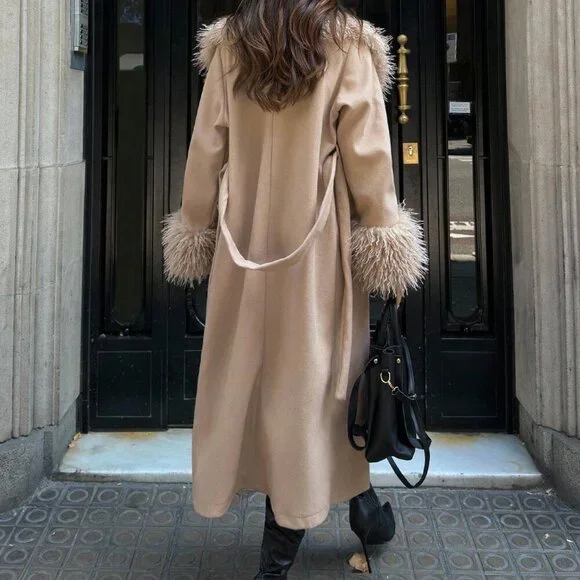Khaki Bohemian Women's Long Coat with Faux Fur Trim - Picture 2 of 8